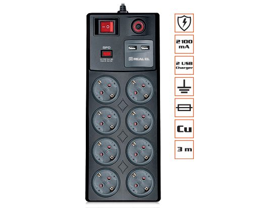 REAL-EL RS-8F USB CHARGE 3.0m Black REAL-EL RS-8F USB CHARGE 3.0m Black